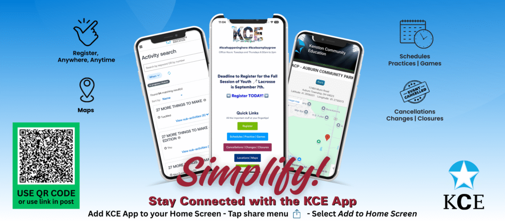 Announcement of Kenston Community Education App to help stay connected. Features Registration, Maps, game and practice schedules and cancellations
